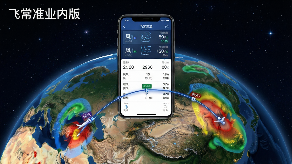 一张展示飞常准业内版航路气象与飞行轨迹功能的AI生成图,画面中央为地球仪局部地图,地图上绘制一条弯曲的航班飞行轨迹线,轨迹两侧分布着不同颜色的气象色块表示颠簸区域,手机界面悬浮在地图上方显示风向风速数据,背景为深色星空,整体风格科技感强,布局主次分明,细节精致,画质高清,画面中可加入文字“飞常准业内版”。