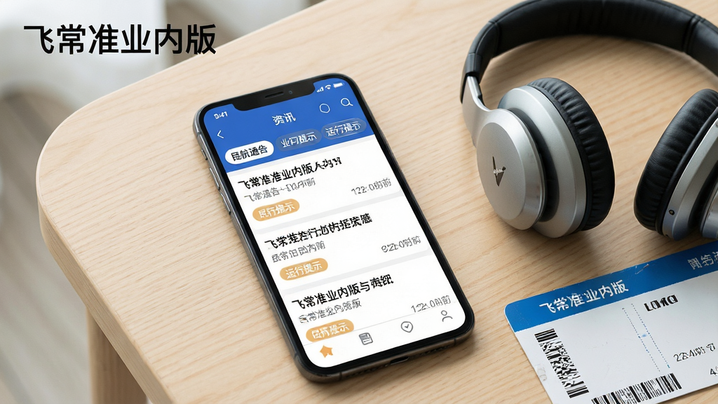 一张展示飞常准业内版业内资讯与通告功能的AI生成图,画面为手机屏幕内显示资讯列表,每条资讯带有标题、来源标签与发布时间,列表顶部有“民航通告”“运行提示”等分类标签,手机旁放置一副航空耳机与登机牌,背景为浅木色桌面,整体风格生活化与专业感结合,布局自然,细节丰富,画质明亮干净,画面中可加入文字“飞常准业内版”。