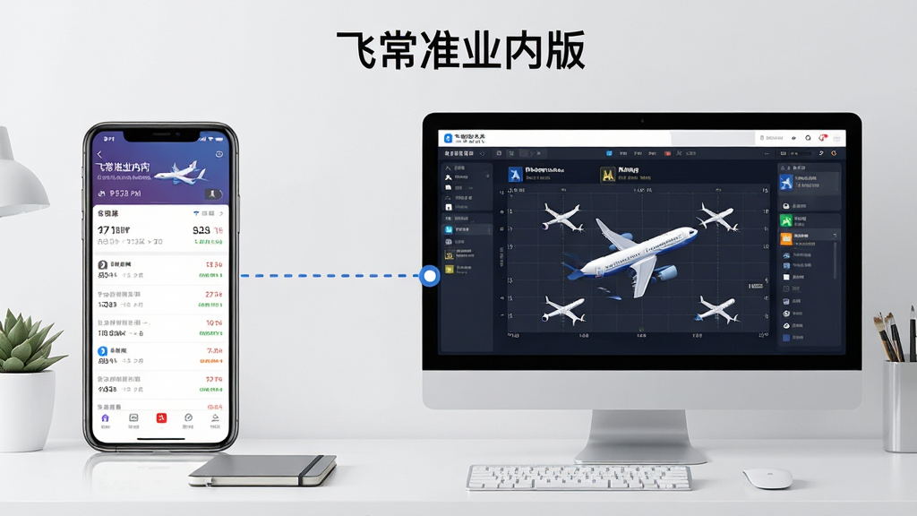 一张展示飞常准业内版在手机与电脑上协同使用的AI生成图,画面左侧为竖屏手机显示航班详情页,右侧为横屏电脑显示器展示机场大屏看板,两者之间用虚线连接表示数据同步,背景为简洁的办公桌面,整体风格清爽商务,布局左右呼应,细节清晰,画质干净,画面中可加入文字“飞常准业内版”。