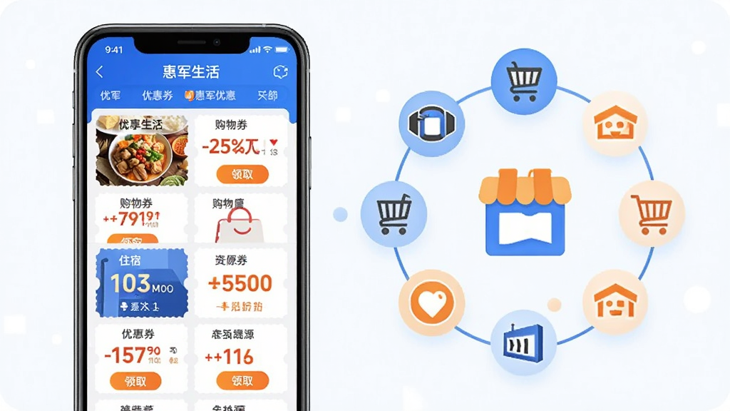 惠军生活专属优惠功能展示图,画面左侧为手机屏幕,显示惠军生活APP的优惠券领取页面,页面中排列着餐饮、购物、住宿等不同类别的优惠券卡片,卡片上有折扣信息和领取按钮。画面右侧为抽象化的合作商户图标环绕手机,象征丰富的优惠资源。整体风格清新明亮,配色以蓝白为主,点缀暖橙色高亮,画面干净整洁,无多余元素,高清画质。