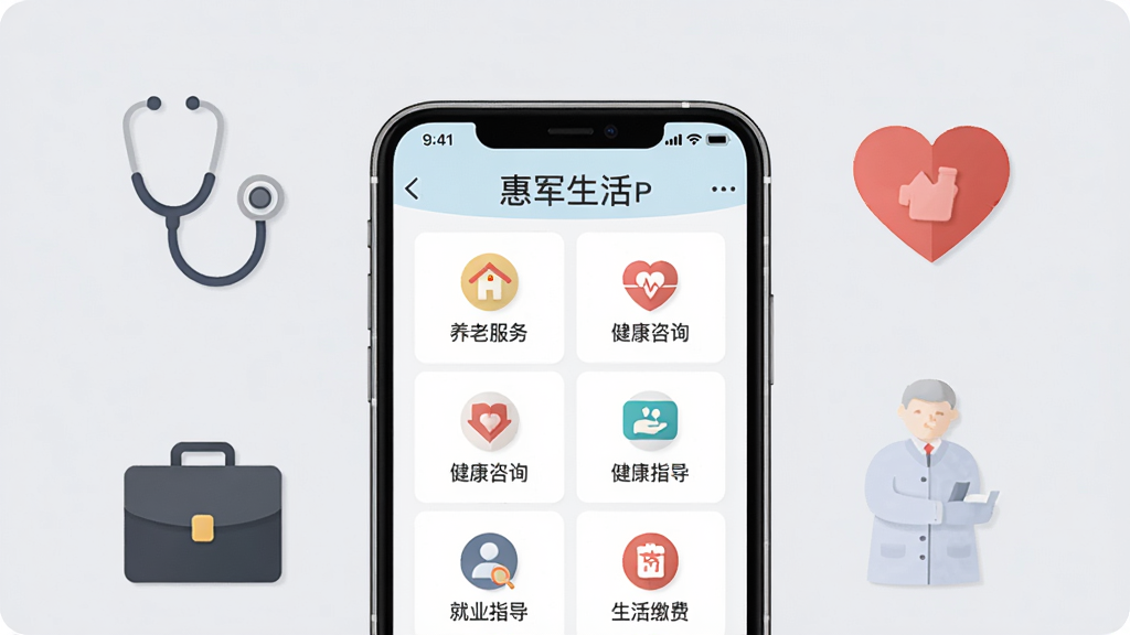 惠军生活便民服务板块示意图,画面中央为一部手机,屏幕显示惠军生活APP的服务页面,页面以网格形式排列着养老服务、健康咨询、就业指导、生活缴费等图标。手机周围环绕着代表不同服务的简约插画元素,如听诊器、公文包、爱心等,背景为柔和的浅灰色。整体风格简洁现代,画质清晰,画面干净,无多余元素。