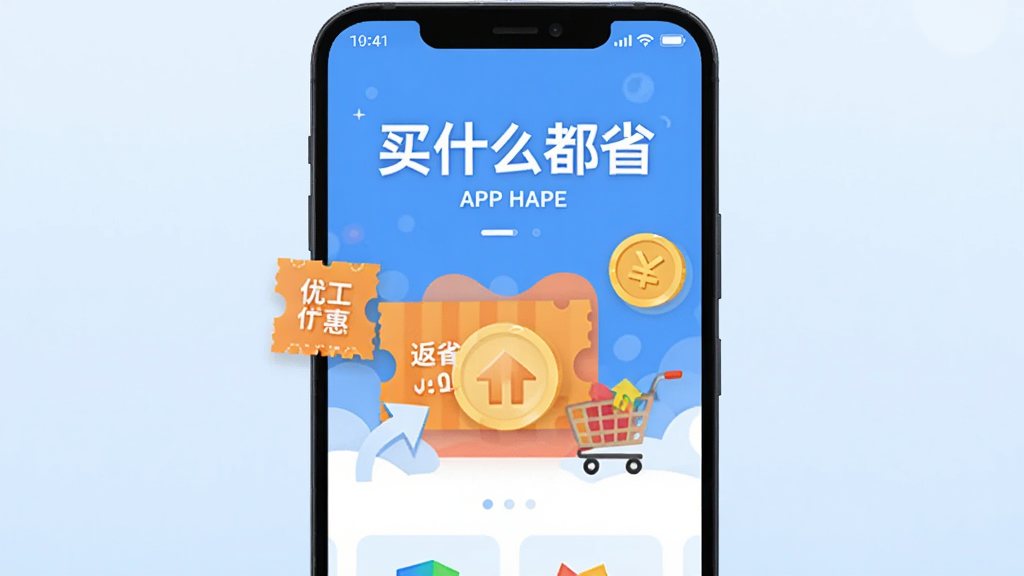 主体是一部安卓手机屏幕显示买什么都省APP首页,布局为手机居中放置,背景是浅蓝色渐变,排版上方有“买什么都省”标题文字,风格为扁平化科技插画,细节包括优惠券图标、金币、购物车和返利箭头,画质清晰干净无多余元素