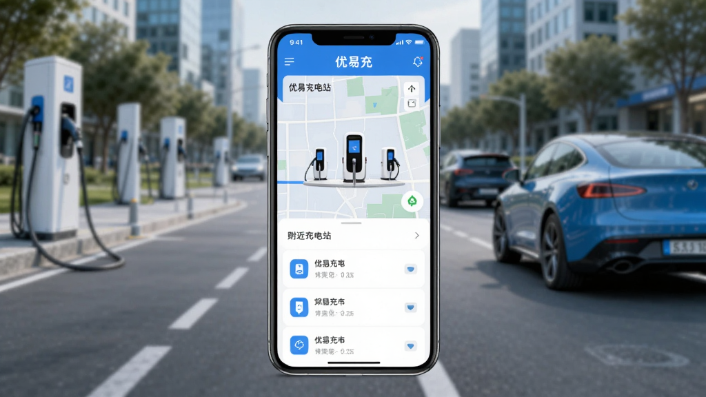 一张展示优易充App主界面的图片,画面中心是手机屏幕,屏幕内显示充电桩地图和附近充电站列表,背景是城市道路与电动汽车,整体风格简洁现代,色彩以蓝白为主,画质清晰干净,无多余元素