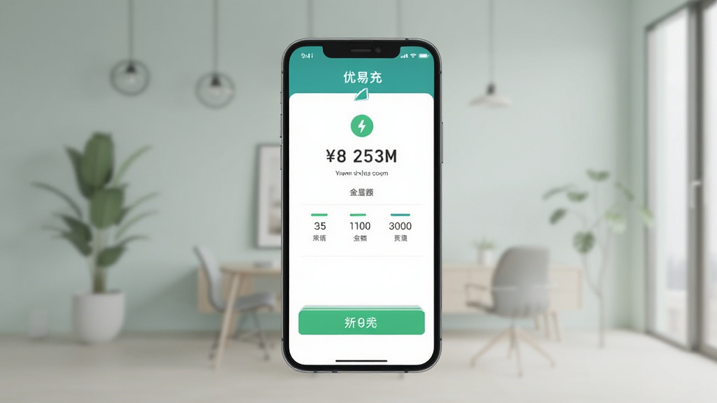 一张展示优易充在线支付界面的图片,手机屏幕显示支付成功页面,包含金额和支付方式图标,背景为简约的室内环境,风格清新,画质清晰,无多余元素