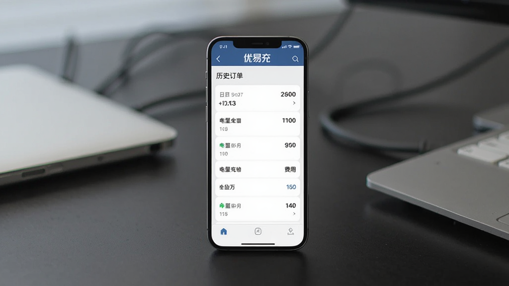 一张展示优易充充电记录界面的图片,手机屏幕显示历史订单列表,包含日期、电量和费用,背景为办公桌面,风格简约商务,画质清晰,无多余元素