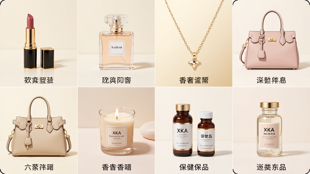 XKA轻奢好物精选轻奢品类专区展示,画面采用网格排版布局,每个格子内展示不同品类商品,包括口红、香水、项链、手提包、香薰蜡烛、保健品瓶等,商品下方配有简洁的品类标签文字,整体风格清新明亮,配色以米白、浅金、淡粉为主,画质干净,无多余元素
