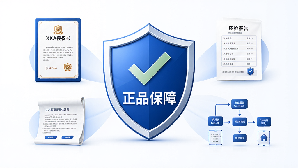 XKA轻奢好物正品保障体系示意图,画面中央放置一个盾牌图标,盾牌内部显示对勾与“正品保障”字样,盾牌周围环绕品牌授权书、质检报告单、供应链溯源流程图等元素,整体布局居中对称,风格商务简洁,配色以蓝色和白色为主,画质干净,无多余元素