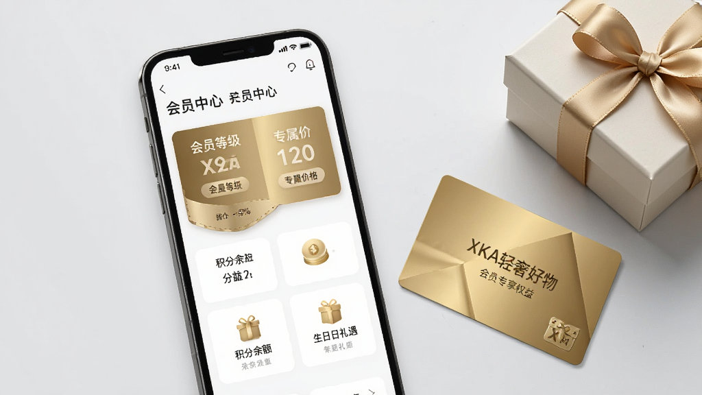 XKA轻奢好物会员专享权益页面展示,画面中一部手机屏幕显示会员中心界面,包含会员等级卡片、专属价格标签、积分余额、生日礼遇图标等元素,手机旁边放置金色会员卡和礼盒,背景为浅灰色,布局简洁清晰,风格轻奢商务,画质干净,无多余元素
