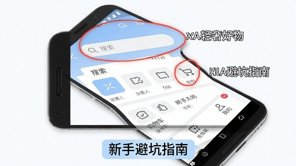 XKA轻奢好物App新手操作界面指引图,画面中一部安卓手机屏幕显示App首页,页面内用红色圆圈标注搜索栏、分类入口、购物车、我的等核心功能位置,每个标注旁配有简短文字说明,手机下方放置“新手避坑指南”文字标签,整体布局清晰直观,风格简洁实用,配色以白色和浅蓝为主,画质干净,无多余元素