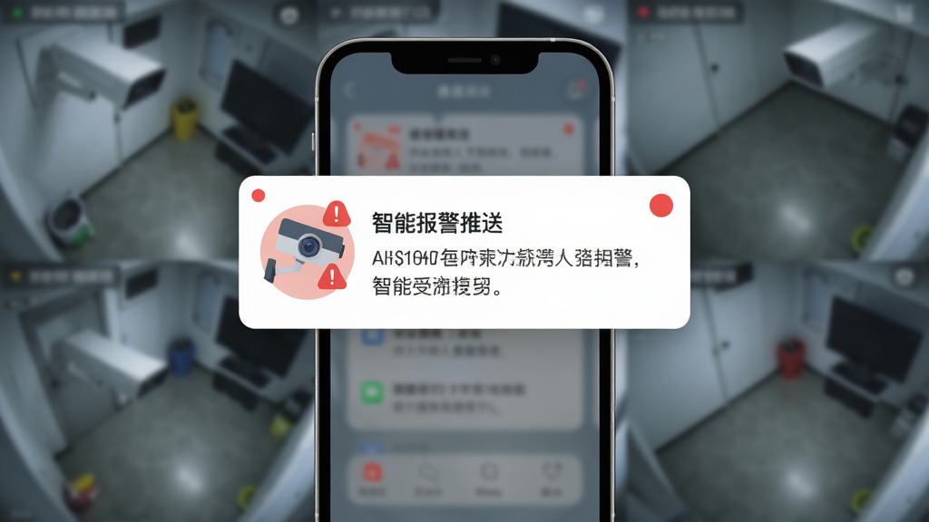 一张表现智能报警推送功能的生图,画面主体是一部手机弹出报警通知卡片,卡片上有摄像头图标和感叹号,背景是模糊的监控画面,布局为手机居中、通知卡片突出显示,风格为现代扁平化UI风格,细节上通知卡片有红点提示和文字条,画质高清,干净无多余元素