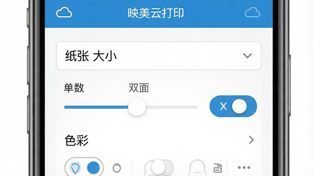 一张展示映美云打印参数设置界面的示意图,画面中是一部手机屏幕特写,屏幕上显示打印设置面板,包含纸张大小下拉菜单、份数调节滑块、单双面切换按钮、色彩模式选择等控件,界面设计简洁直观,风格现代扁平,细节清晰,画质高清,画面干净无多余元素,图片中文字标注“映美云打印”