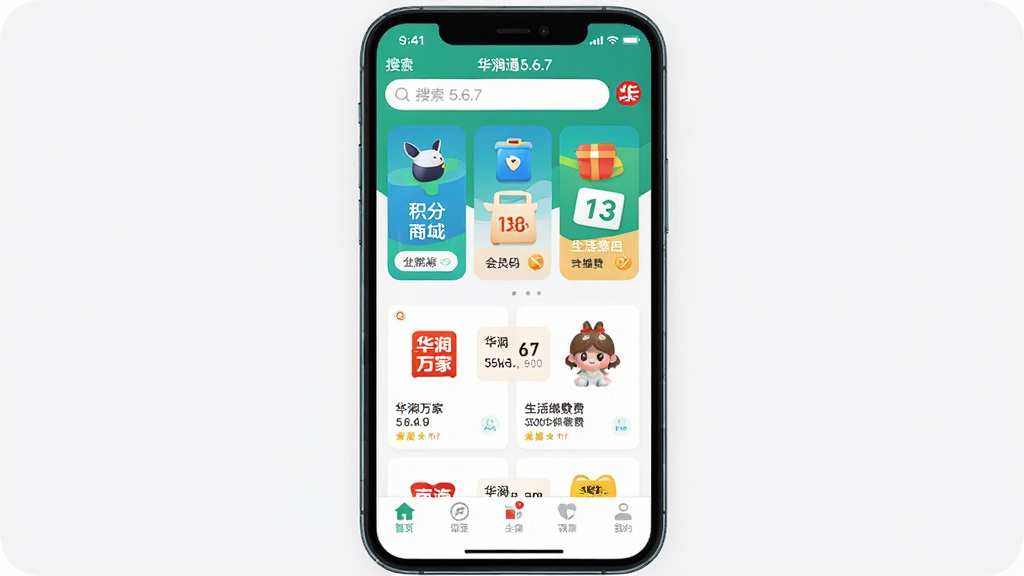 ����ͨ�ٷ�APP�������ͼ������������һ�������ֻ�����Ļ��ʾ����ͨ5.6.7�汾��ҳ�����������������в�Ϊ�����̳ǡ���Ա�롢����ɷѡ�������ҵ�ͼ�꣬�ײ�Ϊ�����������ּ���������Ű���������Ϊ�ִ���ƽ��UI��ƣ�ϸ�ڰ�����Ʒ��Ƭ�ͻ������֣����ʸ��壬�ɾ����޶���Ԫ��