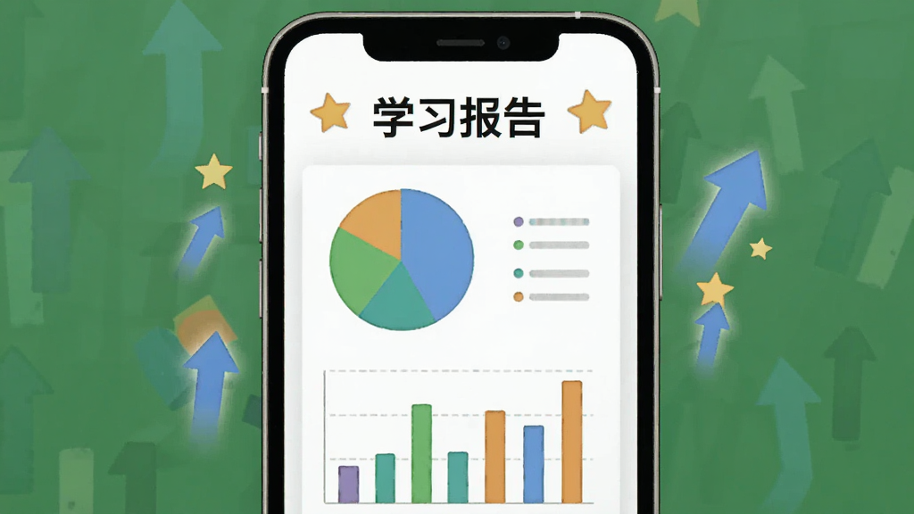 畅享智习数据报告页面,画面展示手机屏幕内饼状图与柱状图组合的数据面板,上方有“学习报告”字样,周围有上升箭头和星星图标,背景为白色,排版整齐,风格扁平化信息图,画质干净,无多余元素。