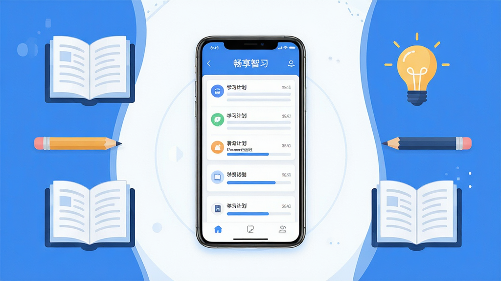 畅享智习软件主界面全景展示,画面中央放置一部智能手机,屏幕显示清爽的学习计划列表与进度条,周围环绕书本、铅笔、灯泡等学习元素图标,整体采用扁平化插画风格,蓝白配色为主,排版左中右对称,细节干净利落,画质清晰,无多余杂乱元素。