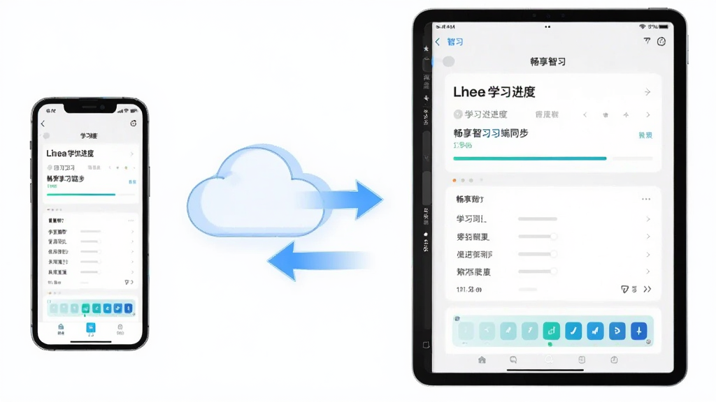 畅享智习多端同步场景图,画面左侧为手机,右侧为平板电脑,两台设备屏幕均显示相同的学习进度界面,中间用云朵和双向箭头连接,背景为极简白色,排版左右平衡,风格商务科技感,画质清晰,无多余装饰。