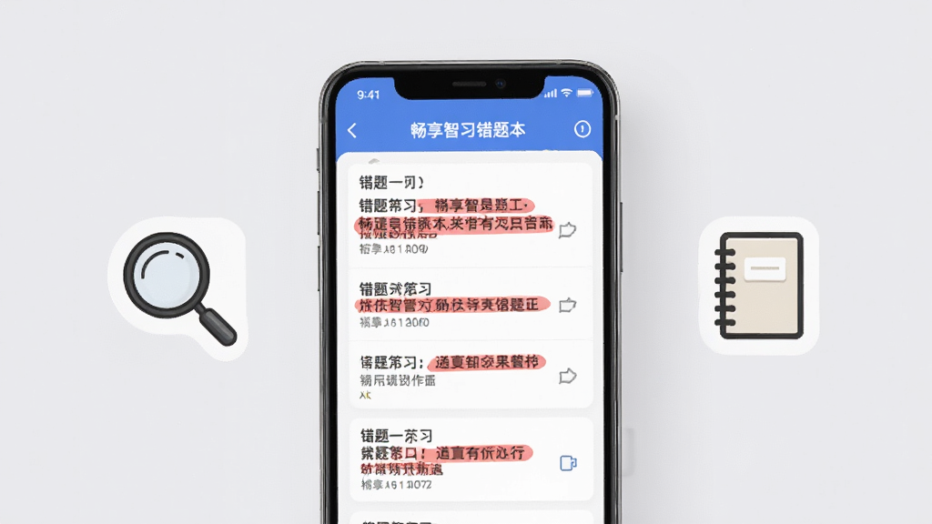 畅享智习错题本界面展示,画面中央为手机屏幕特写,屏幕内显示错题列表与红色标记,旁边有放大镜和笔记本图标,背景为浅灰色,排版居中,风格写实简约,画质清晰,无杂乱元素。