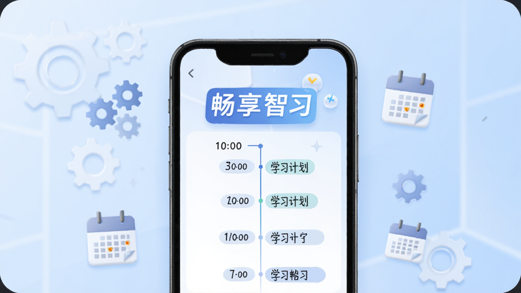 畅享智习智能计划功能特写,画面展示手机屏幕内生成一张时间轴式的学习计划表,上方有“畅享智习”文字标识,周围有齿轮和日历图标点缀,背景为柔和渐变浅蓝色,布局居中,风格简洁现代,画质干净清晰。