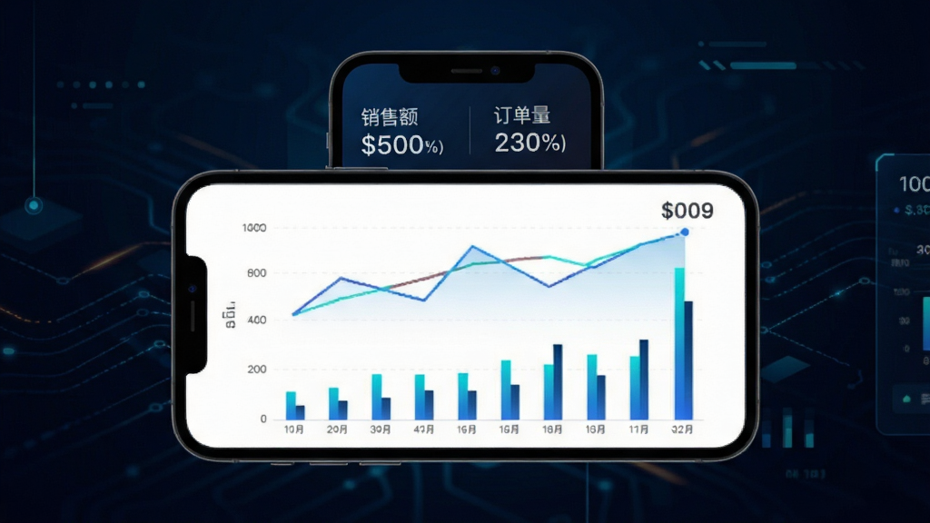 百货商家端数据看板界面图,画面中央为手机屏幕显示折线图和柱状图,屏幕上方有销售额和订单量数字,背景为深色科技感渐变,图表线条清晰锐利,整体风格专业简洁,画质干净,无多余元素