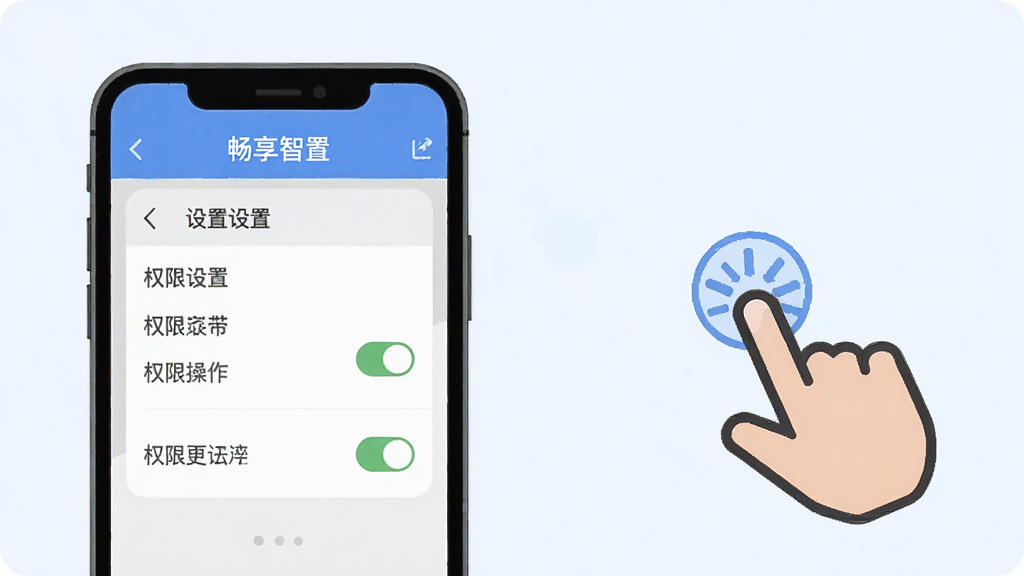 畅享智习移动端操作示意图,画面展示一部手机屏幕内显示设置菜单与权限开关,旁边有手指点击的图标,背景为浅色,排版简洁,风格扁平化教程插图,画质清晰,无多余文字。