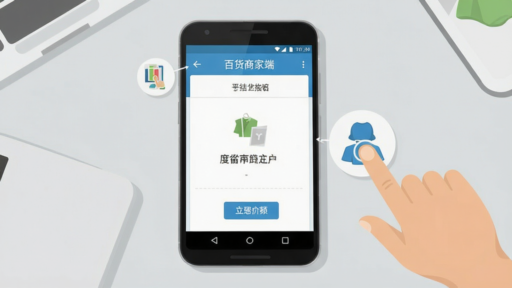 百货商家端使用指南示意图,画面展示一部安卓手机屏幕显示应用操作步骤,旁边有手指点击图标,背景为浅灰色桌面,风格简洁扁平化,细节清晰,画质干净,无多余元素