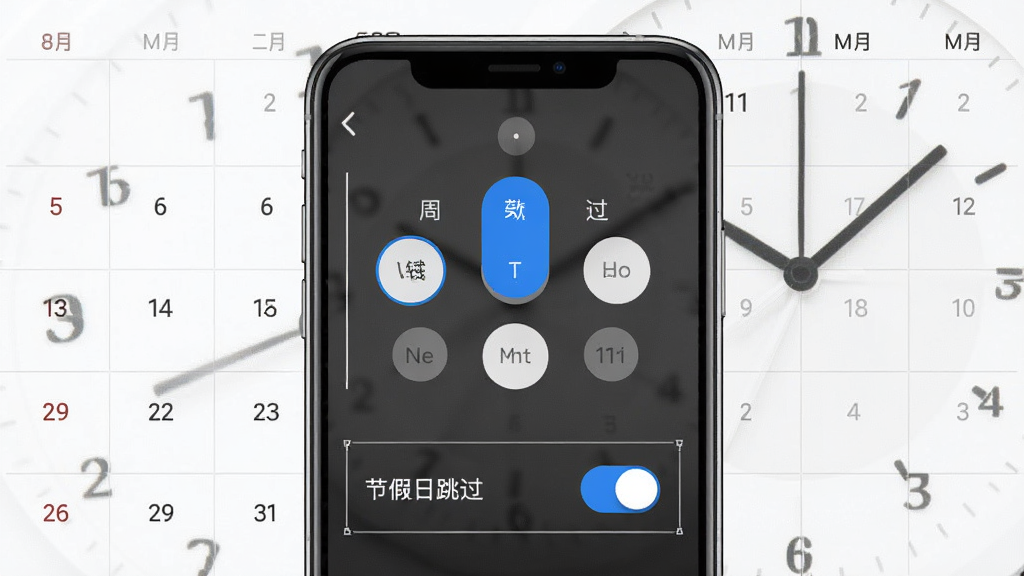 一张手机闹钟oneClock闹铃重复规则设置界面的图片,画面中央为手机屏幕,屏幕内显示星期选择圆圈与节假日跳过开关,背景为日历网格与时钟指针元素,布局居中对称,排版规整,风格为简约商务,细节包括蓝色高亮选中状态、灰色禁用状态与细线边框,画质高清,干净,无多余元素