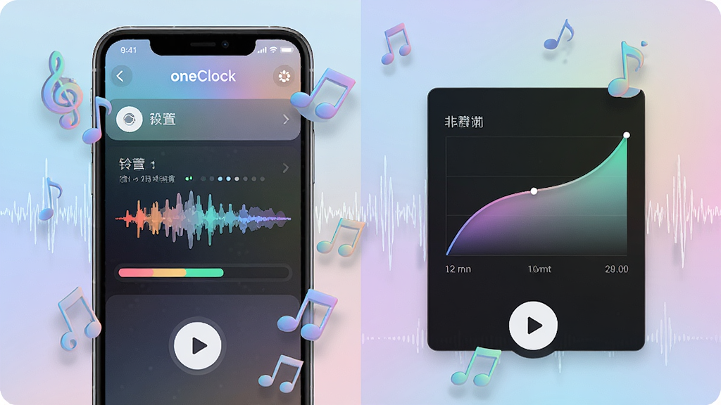 一张手机闹钟oneClock闹铃铃声设置界面的图片,画面中手机屏幕显示铃声列表与音量渐强曲线图,周围漂浮音符图标与声波纹理,布局左右分栏,排版错落有致,风格为清新科技风,细节包括彩色波形进度条、圆形播放按钮与柔和渐变背景,画质高清,干净,无多余元素