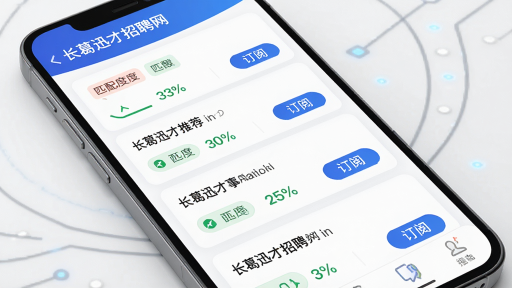 长葛迅才招聘网智能推荐页面,画面主体为手机屏幕展示个性化岗位推荐列表,布局为卡片式纵向排列,风格为现代科技感UI,细节包含推荐标签、匹配度百分比、订阅按钮,画质清晰,干净,无多余元素