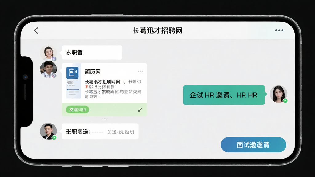 长葛迅才招聘网聊天沟通界面,画面主体为手机聊天窗口,左侧显示求职者消息,右侧显示企业HR回复,布局为典型聊天界面排版,风格为简洁明快的社交应用风,细节包含简历卡片、面试邀请按钮,画质高清,干净,无多余元素