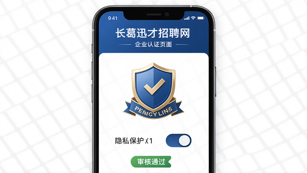 长葛迅才招聘网企业认证页面,画面主体为手机屏幕展示认证标识与安全盾牌图标,布局为居中展示,风格为稳重信赖的商务风,细节包含认证徽章、隐私保护开关、审核通过标签,画质高清,干净,无多余元素