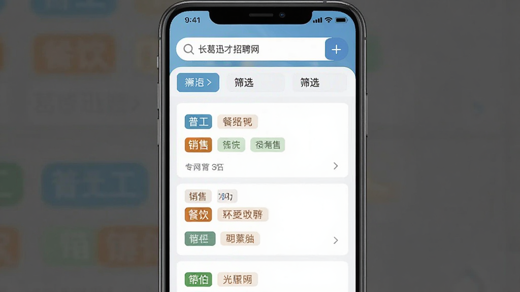 长葛迅才招聘网应用界面截图,画面主体为分类清晰的岗位列表,布局为上下结构,上方为搜索栏和筛选标签,下方为岗位卡片流,风格为清爽简约的移动端UI,细节包含普工、餐饮、销售等岗位标签,画质清晰,干净,无多余元素