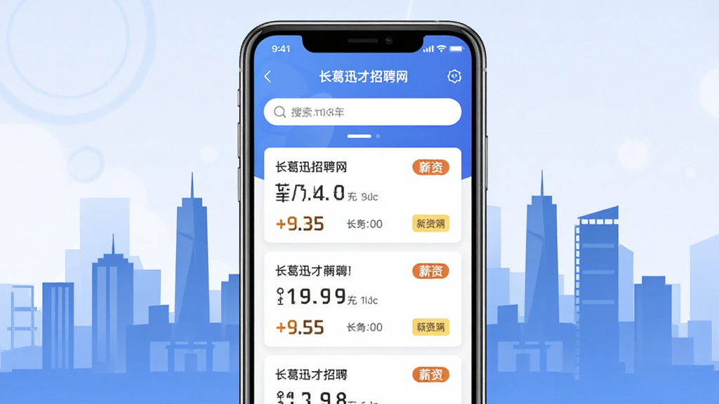 手机屏幕中展示长葛迅才招聘网应用主界面,画面中央是招聘岗位列表,背景为长葛城市剪影,主体突出手机与界面,布局居中对称,排版整洁,风格为现代扁平化科技风,细节包含搜索框、岗位卡片、薪资标签,画质高清,干净,无多余元素