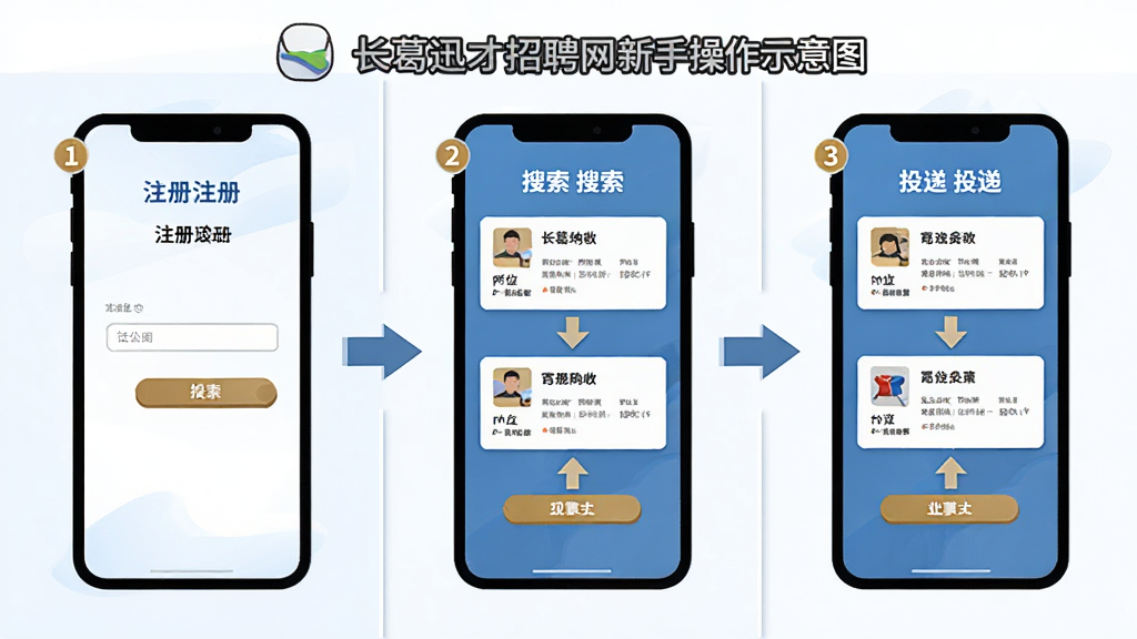 长葛迅才招聘网新手操作示意图,画面主体为手机屏幕展示注册、搜索、投递三个步骤的流程,布局为横向三格分镜,风格为扁平化教程插画,细节包含步骤序号、箭头引导、岗位卡片,画质清晰,干净,无多余元素