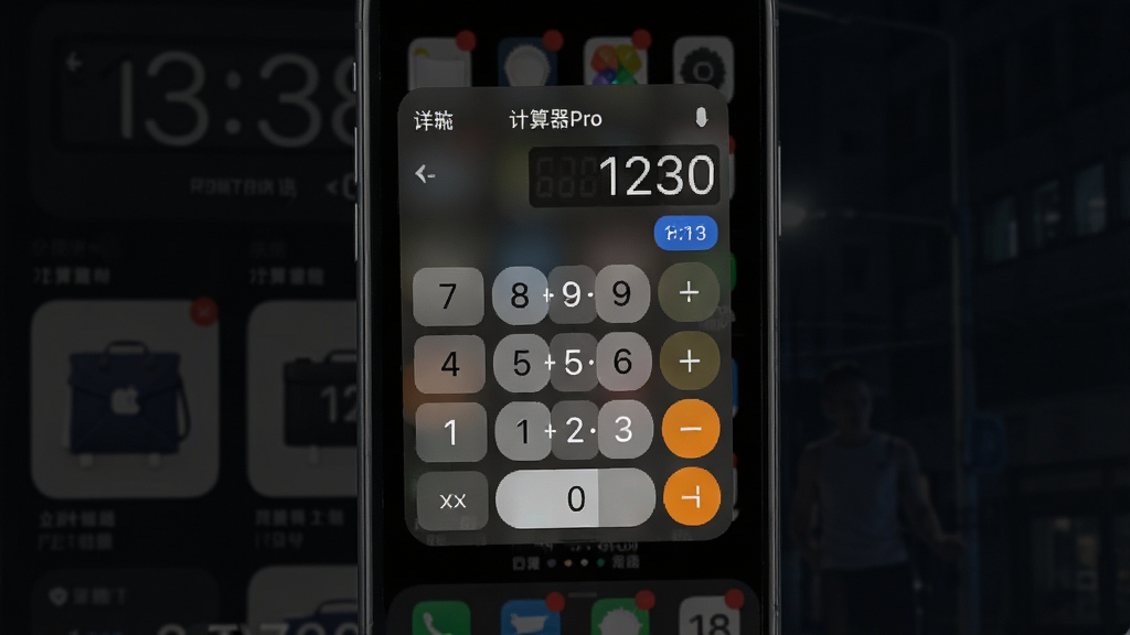 手机屏幕显示“计算器Pro”悬浮窗悬浮在购物应用上方,悬浮窗内有数字键盘和计算结果,背景为夜间深色模式,画面干净整洁,画质细腻,无多余元素