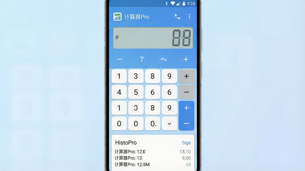 一个简洁现代的安卓手机屏幕,居中显示“计算器Pro”应用主界面,界面包含数字键盘和运算符号,背景为淡蓝色渐变,屏幕下方有历史记录卡片,整体风格清爽商务,画质清晰,干净无多余元素