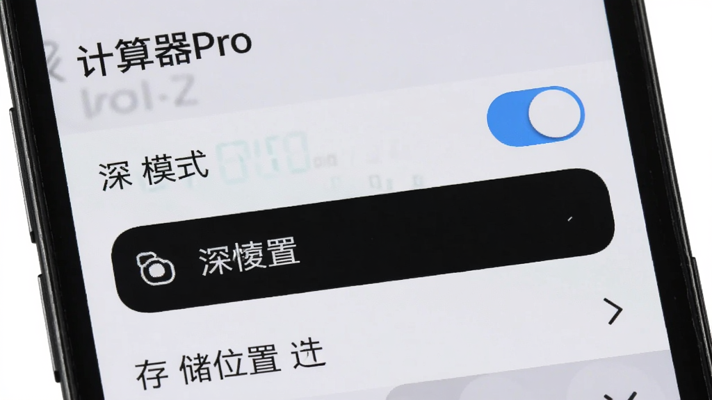 手机屏幕显示“计算器Pro”设置界面,包含悬浮窗开关、深色模式选项和存储位置选择,界面简洁,背景为浅灰色,画质清晰,干净无多余元素