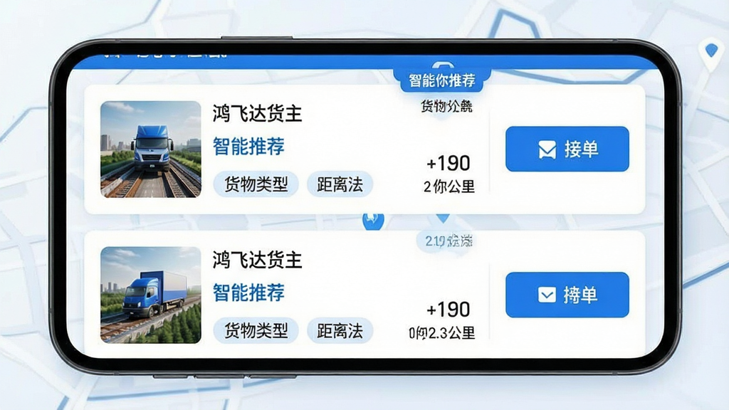鸿飞达货主智能货源匹配功能展示图,主体为手机屏幕中显示多个货源卡片与智能推荐标签,布局采用上下滚动列表形式,排版左侧为货源详情右侧为接单按钮,风格为清爽科技蓝白配色,细节包括地图定位图标、货物类型标签、价格与距离信息,画质高清干净无多余元素,屏幕内文字显示“鸿飞达货主”“智能推荐”“距离你2.3公里”
