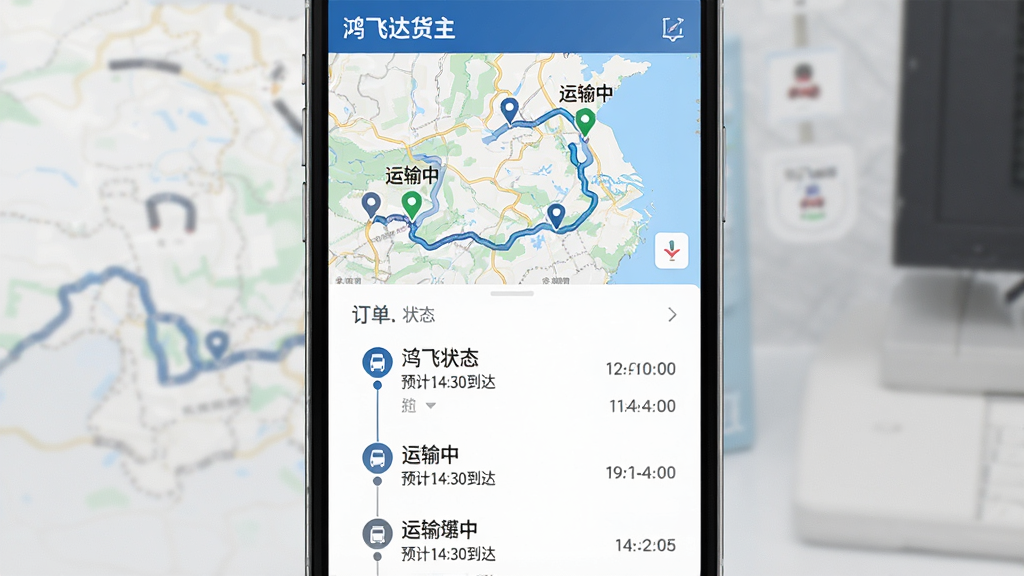 鸿飞达货主订单跟踪界面图,主体为手机屏幕展示地图轨迹与订单时间轴,布局采用上半部分地图下半部分状态列表,排版按时间顺序排列节点,风格为简约商务风,细节包括车辆图标、起终点标记、时间戳与状态文字,画质高清干净无多余元素,屏幕内文字显示“鸿飞达货主”“运输中”“预计14:30到达”
