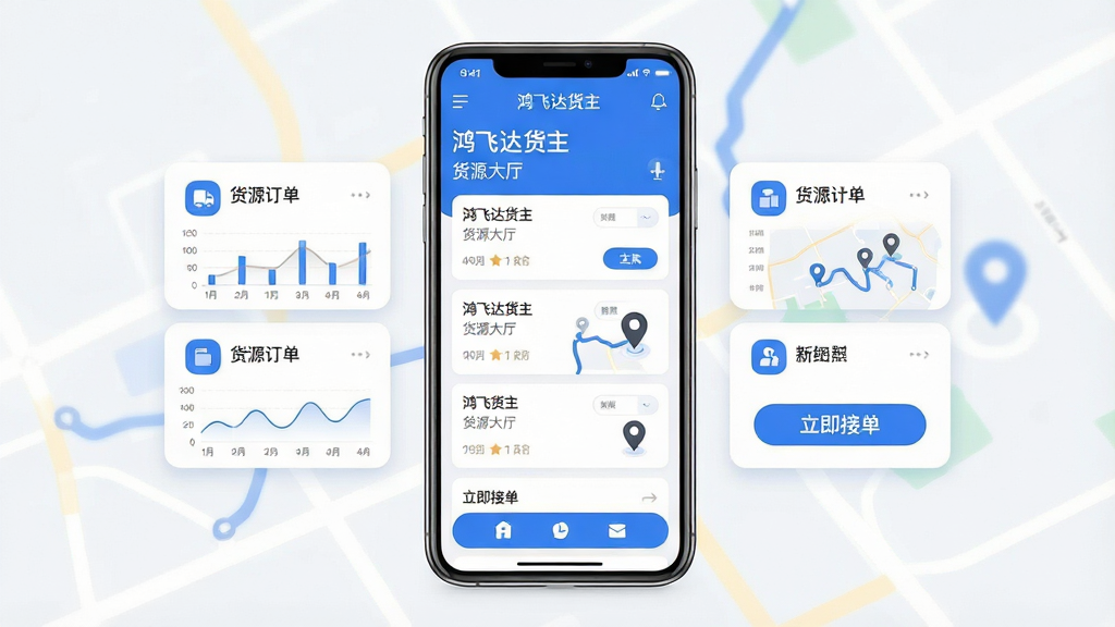 鸿飞达货主APP界面展示图,主体为一部智能手机屏幕显示货运订单列表与地图轨迹,布局采用居中手机模型搭配左右悬浮功能卡片,排版清晰分为顶部导航栏、中部订单卡片区、底部操作按钮,风格为现代扁平化商务科技风,细节包括蓝色主色调、圆角图标、数据图表与车辆定位标记,画质高清干净无多余元素,屏幕内文字显示“鸿飞达货主”“货源大厅”“立即接单”