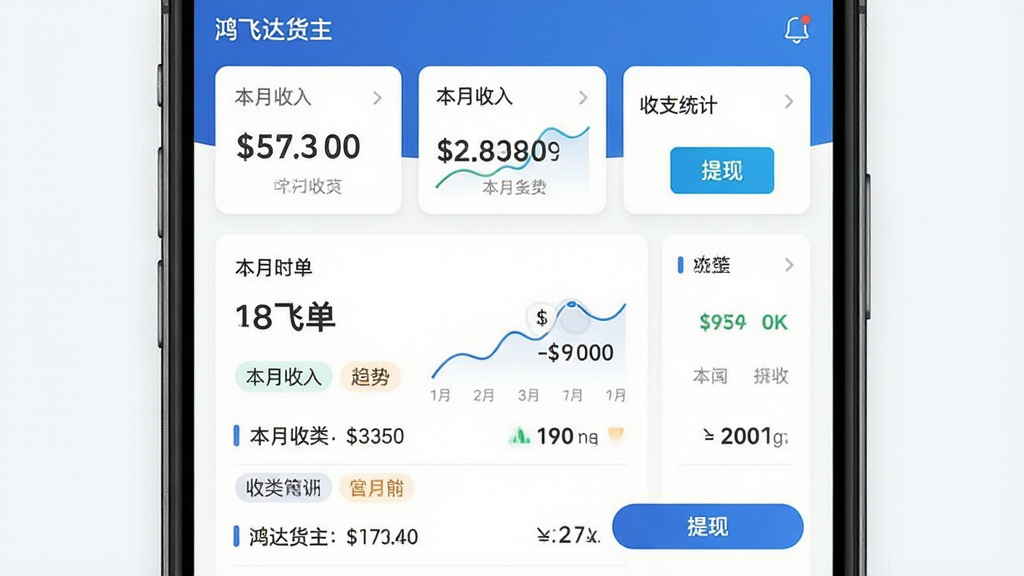 鸿飞达货主财务管理界面图,主体为手机屏幕显示账单列表与收支统计图表,布局采用顶部汇总卡片加下方明细列表,排版整齐分栏,风格为现代金融科技风,细节包括金额数字、趋势折线图、分类标签与提现按钮,画质高清干净无多余元素,屏幕内文字显示“鸿飞达货主”“本月收入”“提现”