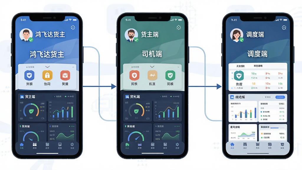 鸿飞达货主多角色协同管理示意图,主体为三台手机并排展示货主端、司机端与调度端界面,布局采用横向排列加连接线,排版展示不同角色操作差异,风格为扁平化商务插画风,细节包括角色头像、权限图标与数据看板,画质高清干净无多余元素,屏幕内文字显示“鸿飞达货主”“货主端”“司机端”“调度端”