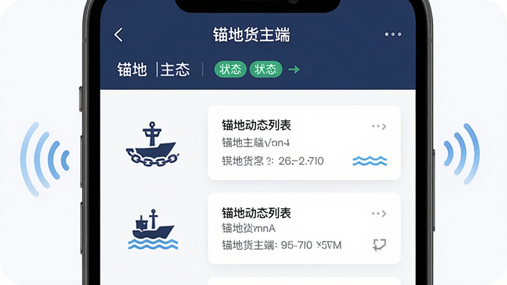 画面主体为手机屏幕显示“锚地货主端”的锚地动态列表界面,屏幕上方有锚地名称与状态标签;布局采用左右分栏,左侧为船舶图标,右侧为动态信息卡片;风格为现代简约商务风,细节包含锚链、波浪、信号波纹;画质清晰,干净,无多余元素