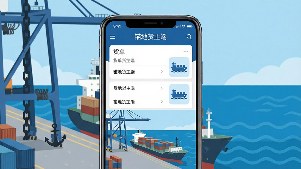 整体画面以蓝色海洋与港口锚地为背景,画面中央放置一部智能手机,手机屏幕中显示“锚地货主端”应用界面,界面包含货单列表与船舶图标;布局采用居中构图,上方为应用名称“锚地货主端”,下方为港口锚地实景与货船;风格为扁平化科技商务风,细节包含锚链、集装箱、波浪纹理;画质清晰,干净,无多余元素