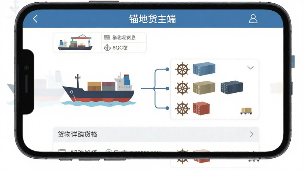 画面主体为手机屏幕显示“锚地货主端”的船舶对接界面,屏幕中有一艘货船图标与货物列表相连;布局采用上下结构,上方为船舶信息,下方为货物明细;风格为扁平化物流风,细节包含锚、船舵、集装箱;画质清晰,干净,无多余元素