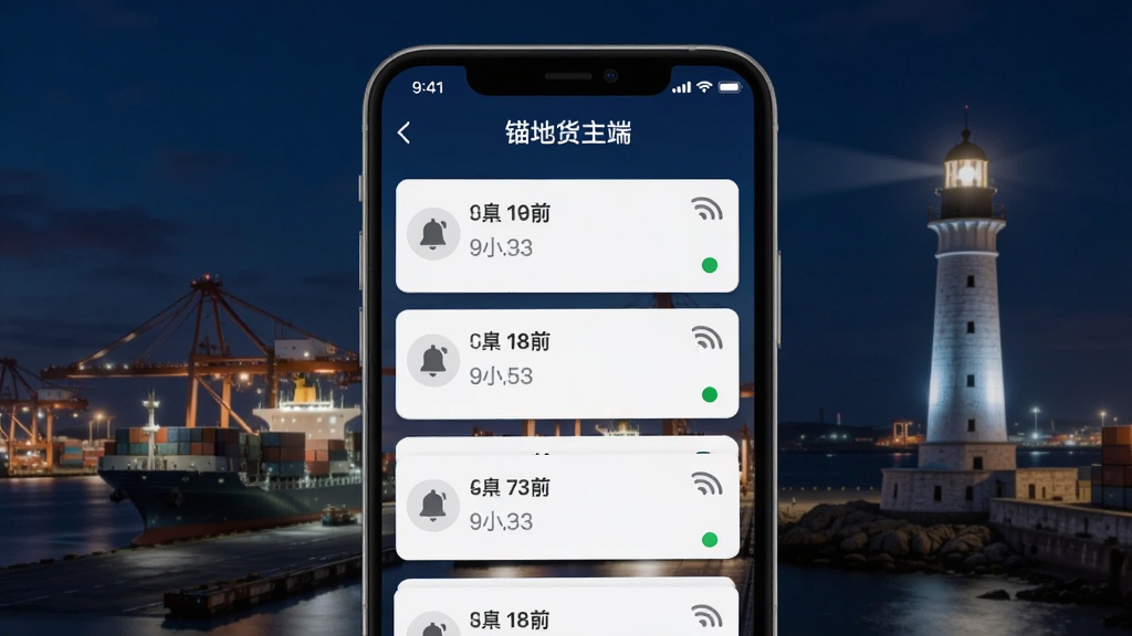 画面主体为手机屏幕显示“锚地货主端”的消息通知界面,屏幕中有多条通知卡片,卡片带有时间戳与状态圆点;布局为纵向排列,背景为港口夜景与灯塔;风格为现代科技风,细节包含铃铛图标、信号符号;画质清晰,干净,无多余元素