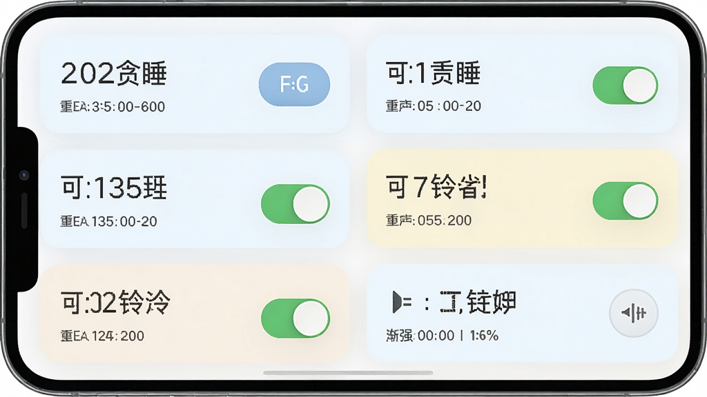 闹钟时钟智能闹钟设置界面,手机屏幕上展示多个闹钟条目,每个条目显示时间、重复周期和开关状态,背景为浅色卡片式布局,风格清爽友好,细节上体现贪睡按钮、铃声选择和渐强音量选项,画质高清,画面干净,无多余元素