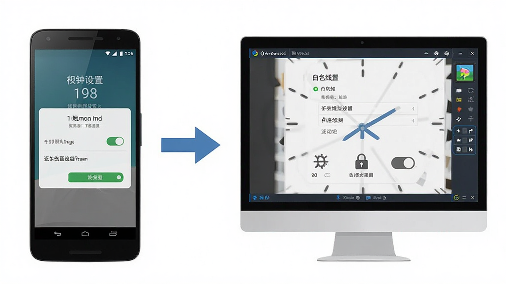 闹钟时钟使用教程示意图,画面左侧为安卓手机,右侧为电脑模拟器,中间用箭头连接,手机屏幕上显示权限设置界面,电脑屏幕上显示模拟器运行界面,布局清晰,风格扁平化教学插图,细节上体现权限开关、白名单设置和后台锁定图标,画质高清,画面干净,无多余元素