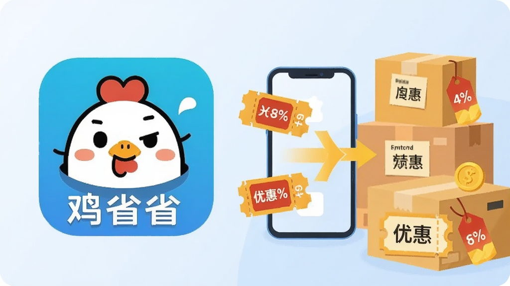 一张扁平化风格的插画,画面左侧是“鸡省省”App的图标,右侧是多个电商平台的包裹盒,包裹盒上贴着优惠券标签,中间有箭头将优惠券汇聚到手机中,背景为浅蓝色渐变,风格简洁明快,细节有金币和折扣标签,画质清晰,干净,无多余元素