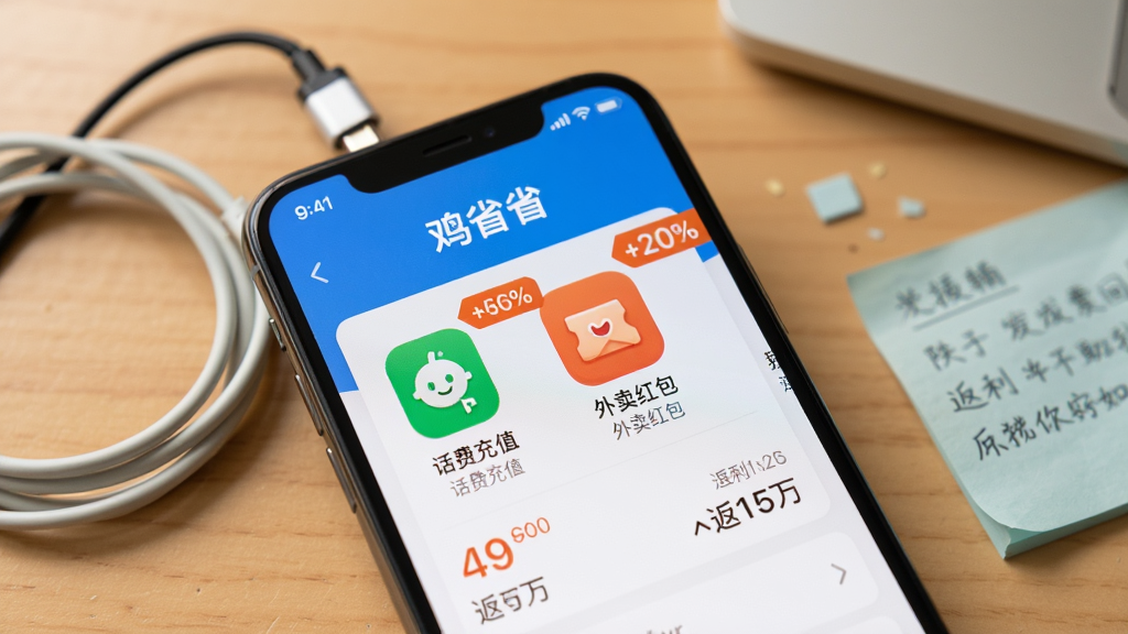 手机屏幕特写,显示“鸡省省”软件的生活缴费页面,页面上有“话费充值”“外卖红包”等图标,旁边有折扣标签和返利金额数字,背景为柔和的家居桌面,风格写实,细节包含充电线和便签纸,画质清晰,干净,无多余元素