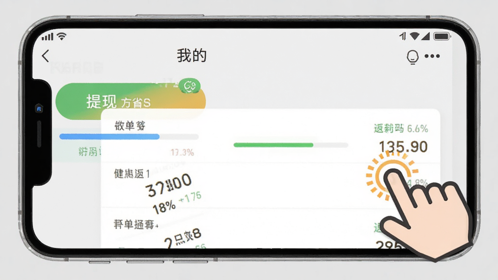 手机界面截图风格,显示“鸡省省”软件的“我的”页面,页面中有提现按钮和订单列表,旁边有手指点击的图标,背景为浅灰色,风格写实,细节有返利数字和进度条,画质清晰,干净,无多余元素