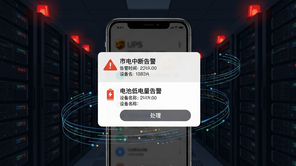 UPS云管理智能告警功能展示图,画面主体为手机屏幕弹出告警通知卡片,通知内容显示“市电中断告警”和“电池低电量告警”,背景为暗色数据中心走廊,有红色警示灯点缀,布局为手机居中,周围环绕数据流动线条,风格为扁平化科技插画,细节包括告警时间戳、设备名称、处理按钮,画质清晰,干净无多余元素